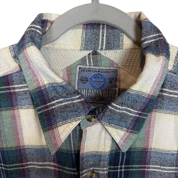 American Hero Plaid Thermal Knit Shirt Men's XL Blue Lined Button-Up - Picture 5 of 13